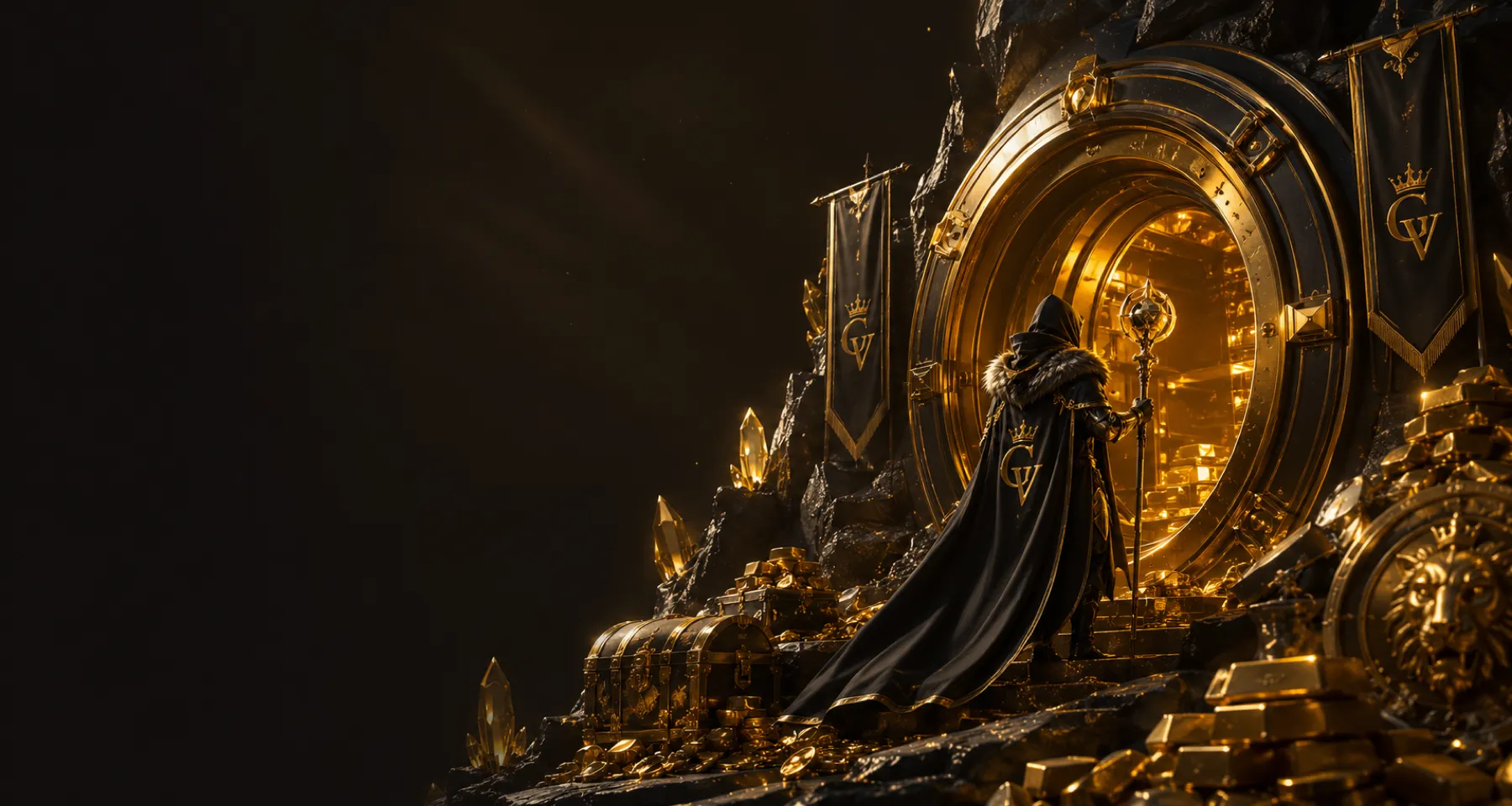 Gold Vault Realm golden vault and hooded guardian backdrop
